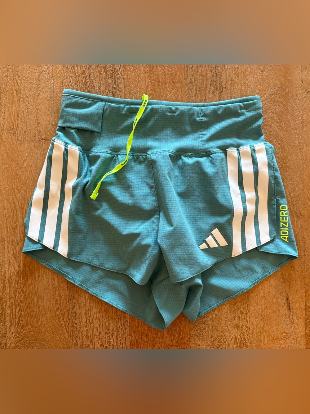adidas Teal Athletic Shorts with White Stripes and Neon Drawcord
